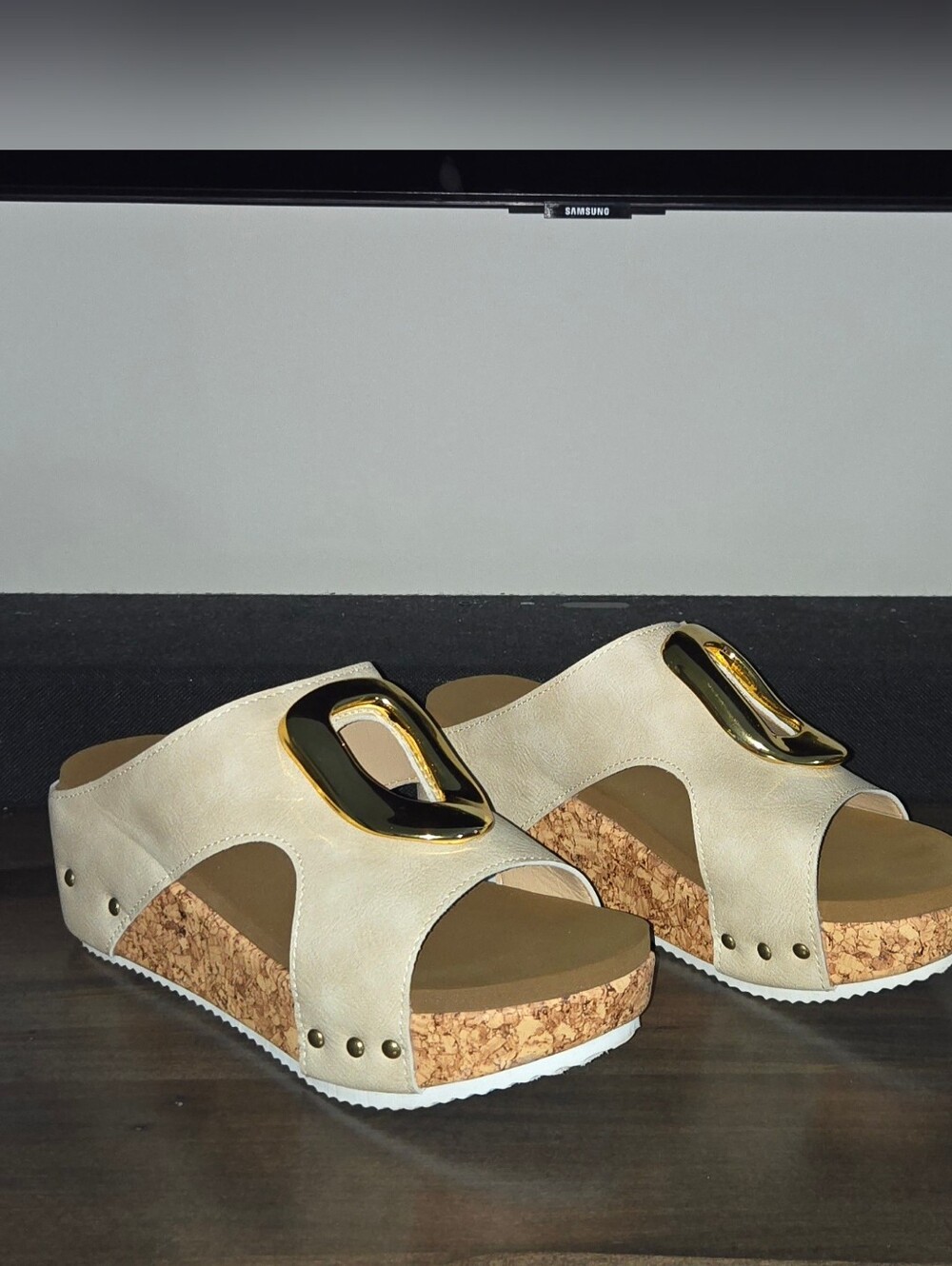 Beige Cork Wedge Slide Sandals with Gold Buckle Detail